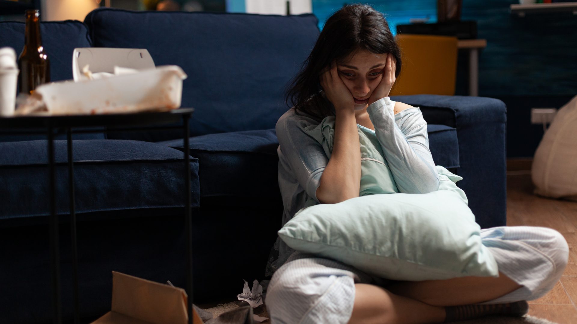 Lonely, traumatised, frustrated, ill woman holding head in hands, feeling vulnerable, desperate having bipolar problems, needs psychological help, major heartbroken experiencing loneliness crisis